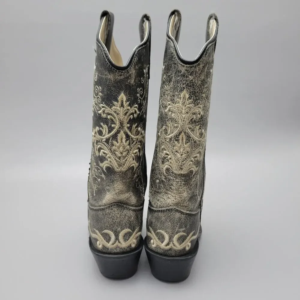 Old West Embroidered Leather Snip Toe Cowboy Boots Youth Kids Size 2.5 D Style